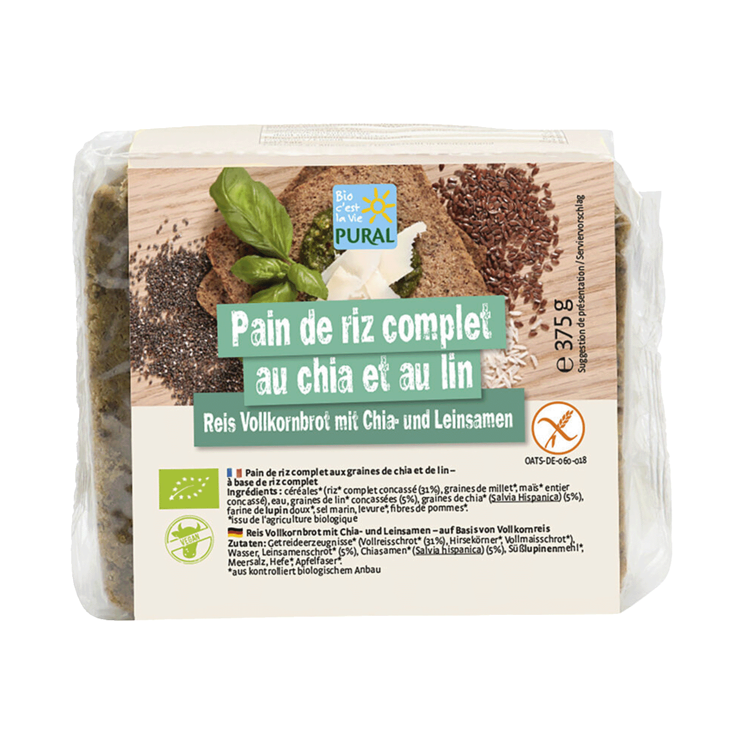 Rice Wholemeal Bread with Chia and Linseed, Organic, 375g