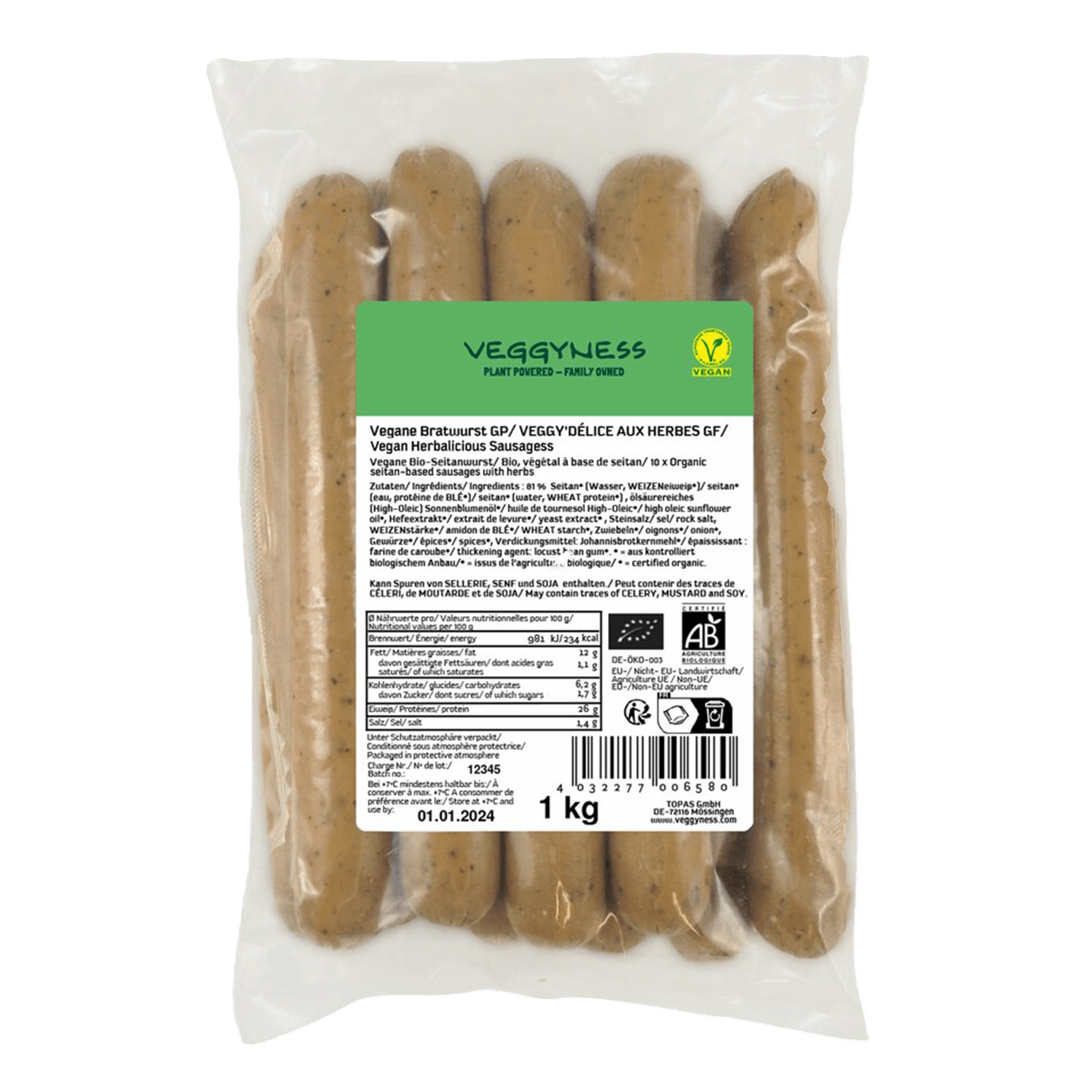 Vegan Sausage "Bratwurst", Organic, 1kg