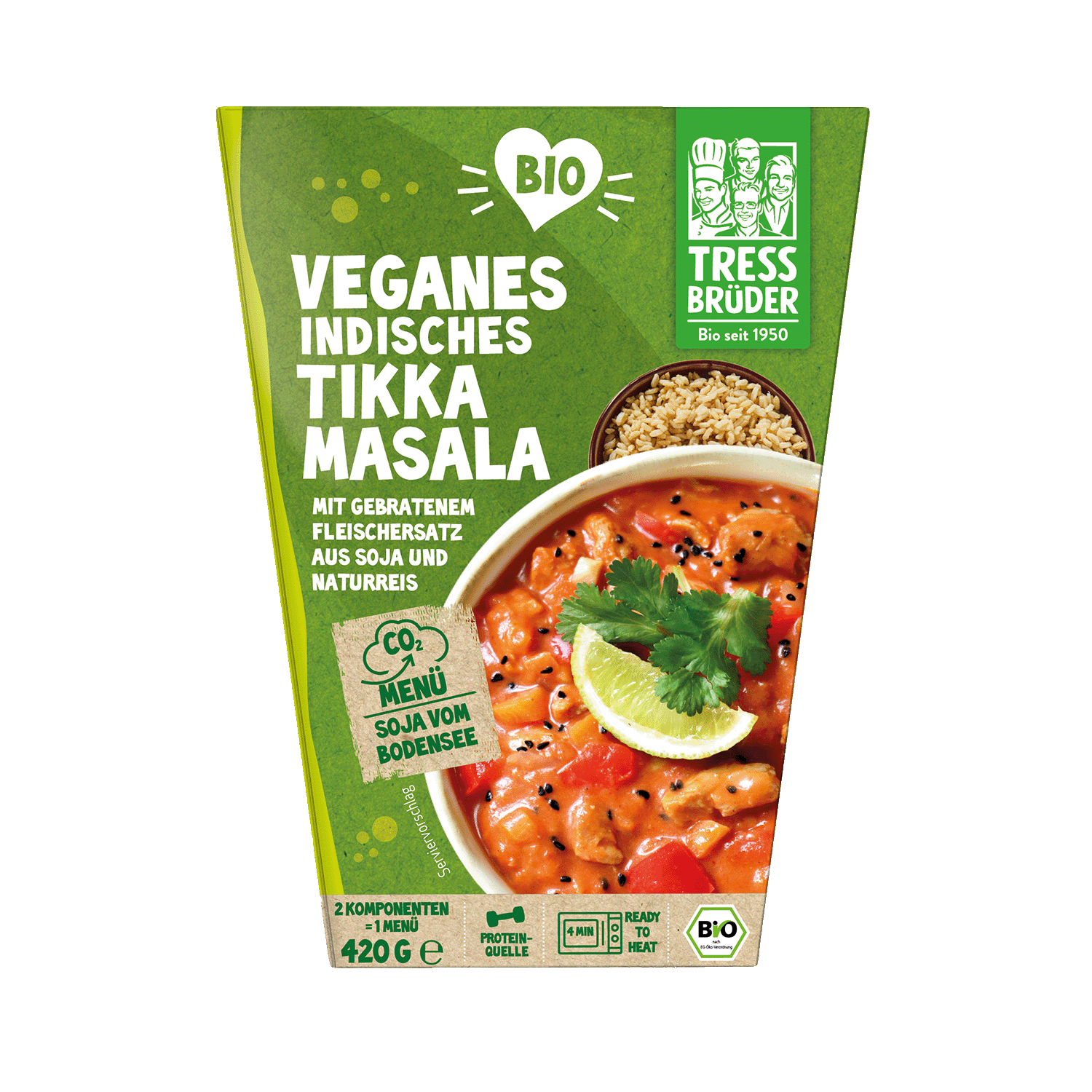 Vegan Indian tikka masala with meat substitute with brown rice, Organic, 420g