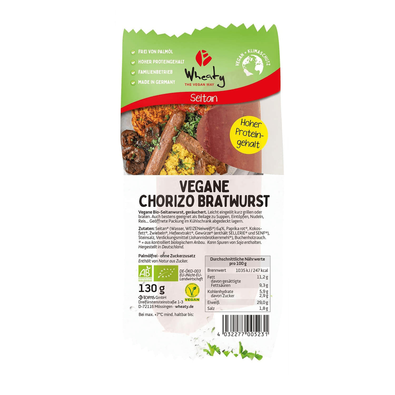 Vegane Chorizo-Bratwurst, BIO, 130g