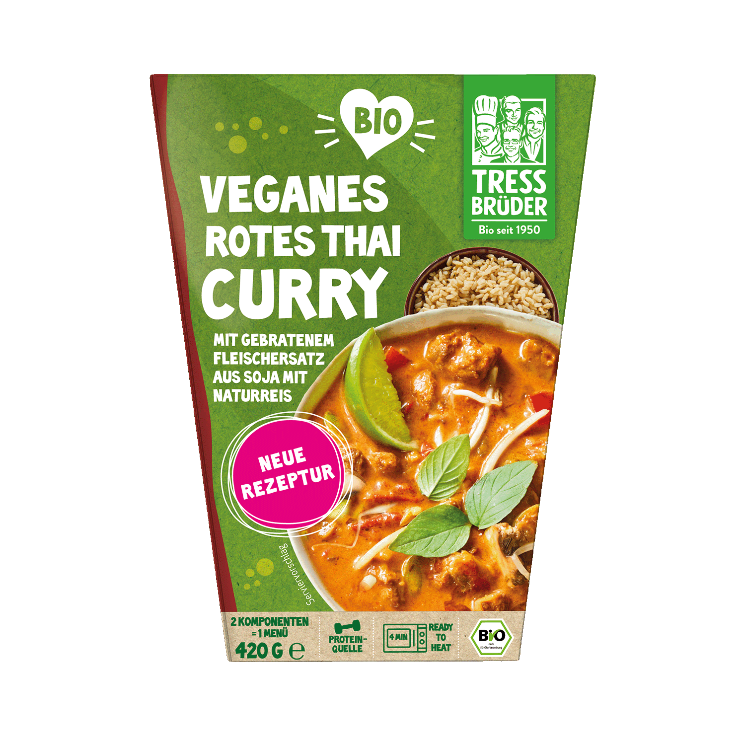Vegan red Thai curry with roasted soya meat substitute with brown rice, Organic, 420g
